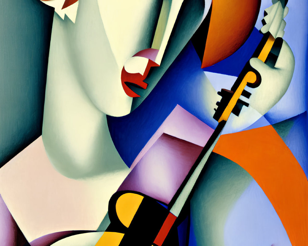 Geometric Cubist painting of figure with violin in bold colors