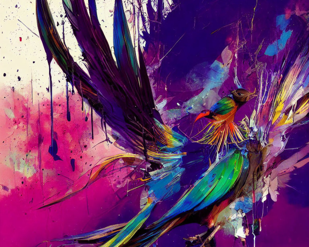 Colorful Abstract Artwork with Birds in Motion in Purple, Pink, and Blue