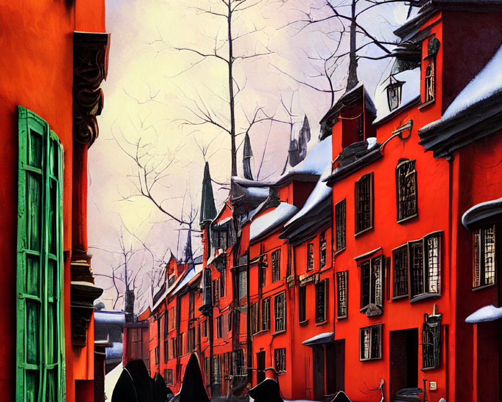 Snow-covered street with red buildings and figures in black cloaks