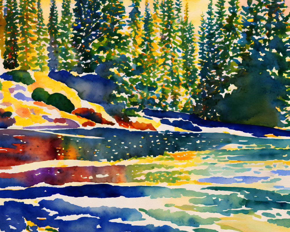 Colorful Watercolor Painting: Forest & Lake Scene