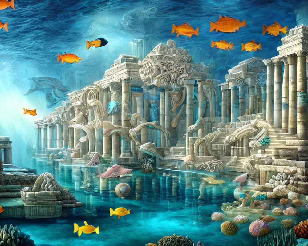 Vibrant underwater scene with classical ruins and marine life