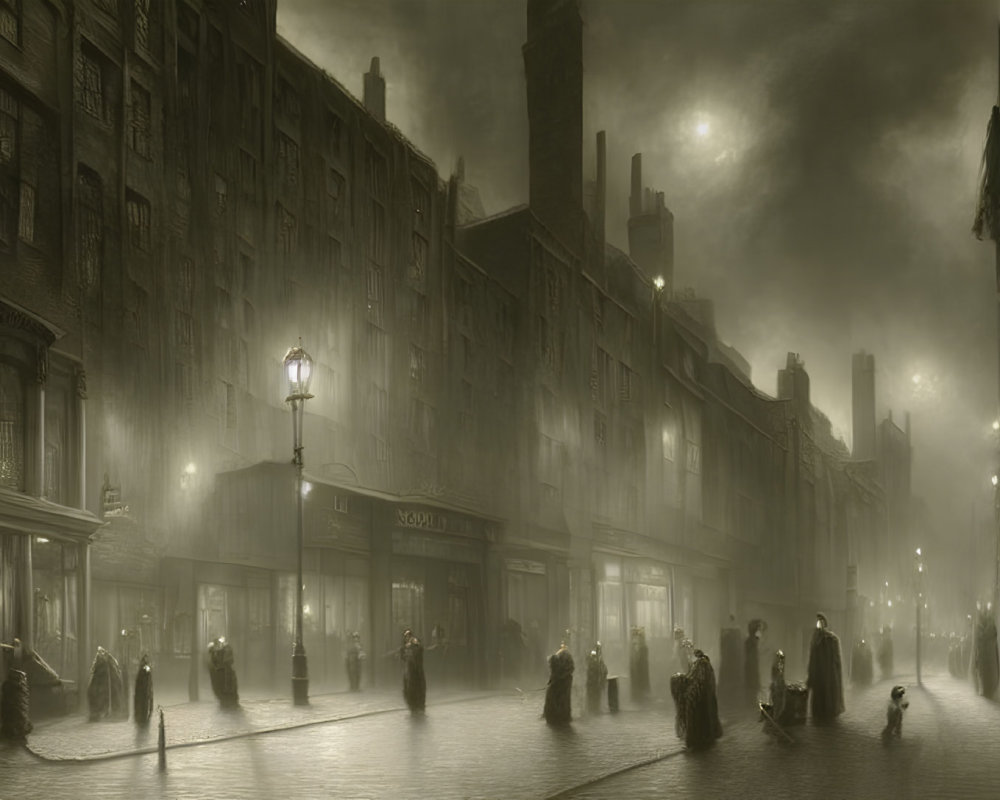 Victorian gaslit street scene at night with moonlight and fog