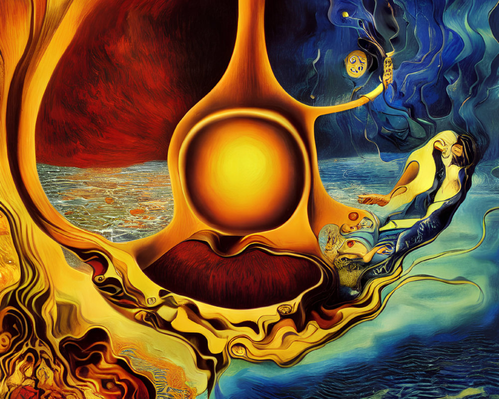 Vibrant surreal painting with abstract forms in red, blue, and gold.