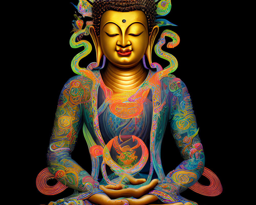Vibrant digital artwork: Meditating figure with intricate patterns on black background