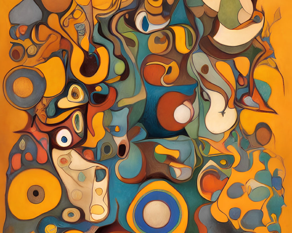 Abstract painting with vibrant yellow, orange, and blue hues and interconnected organic shapes