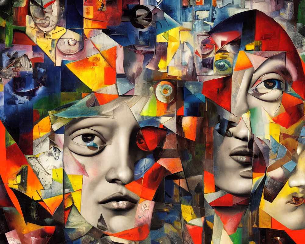 Colorful Cubist Painting Featuring Overlapping Faces