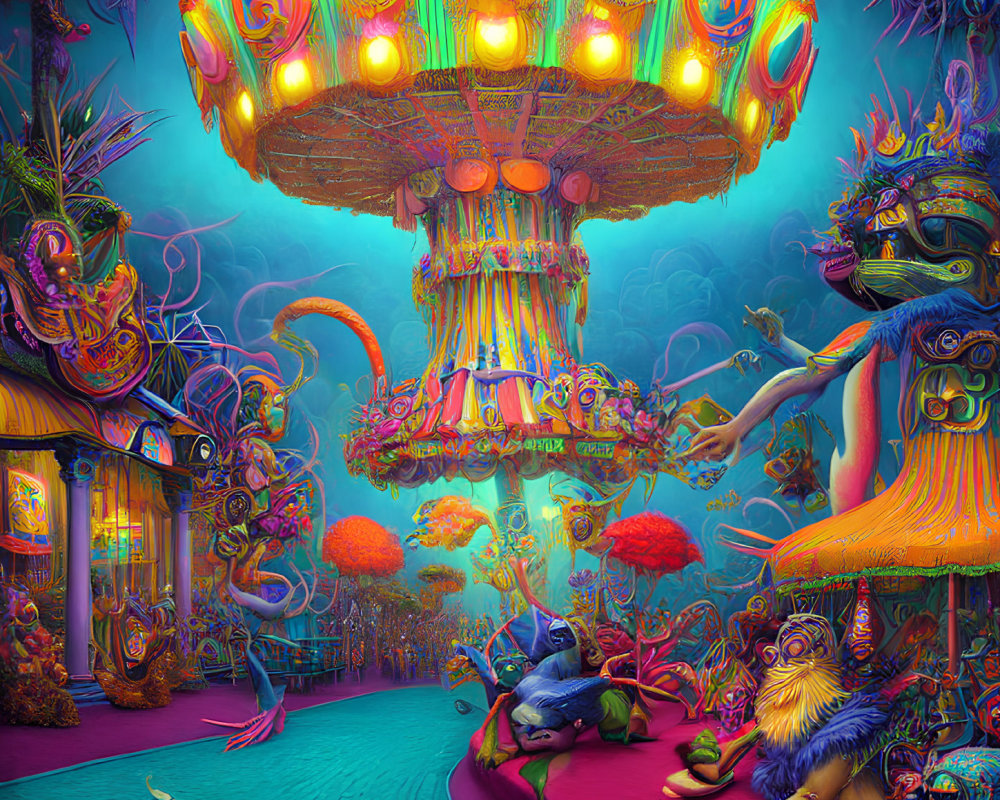 Colorful Psychedelic Carnival Scene with Fantastical Creatures & Carousel
