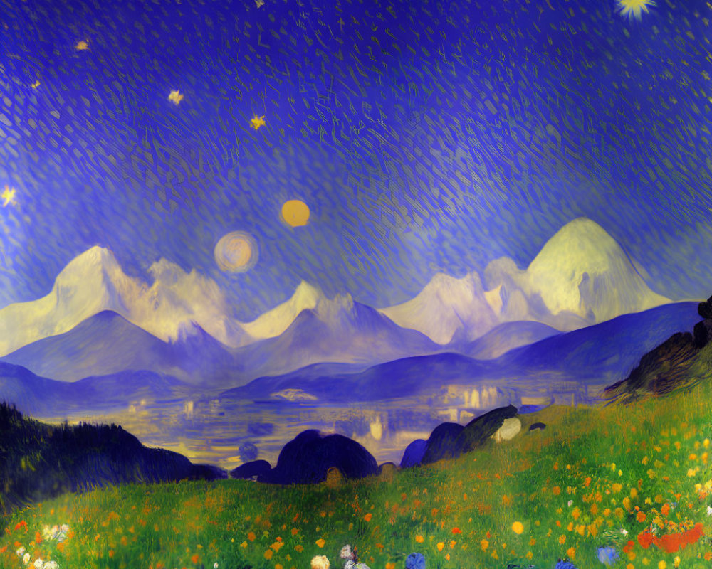 Starry Night Sky Painting with Landscape and Mountains