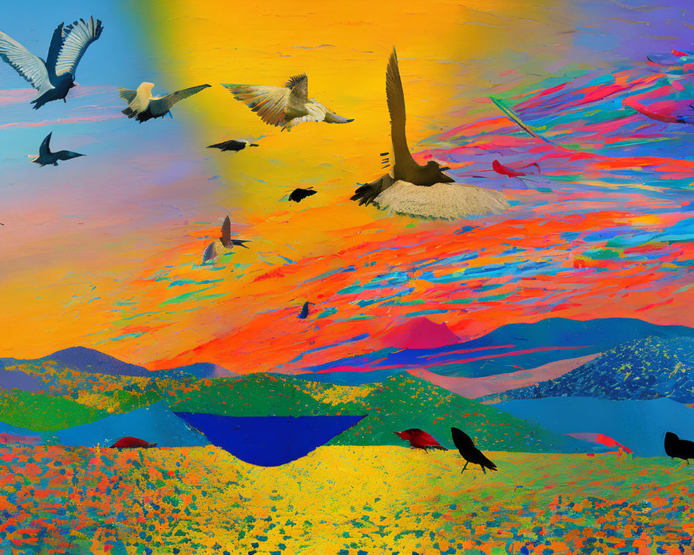 Colorful Abstract Landscape with Birds and Mountains
