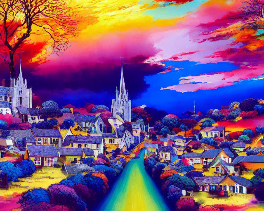 Colorful illustration: Quaint village with church under dramatic sunset