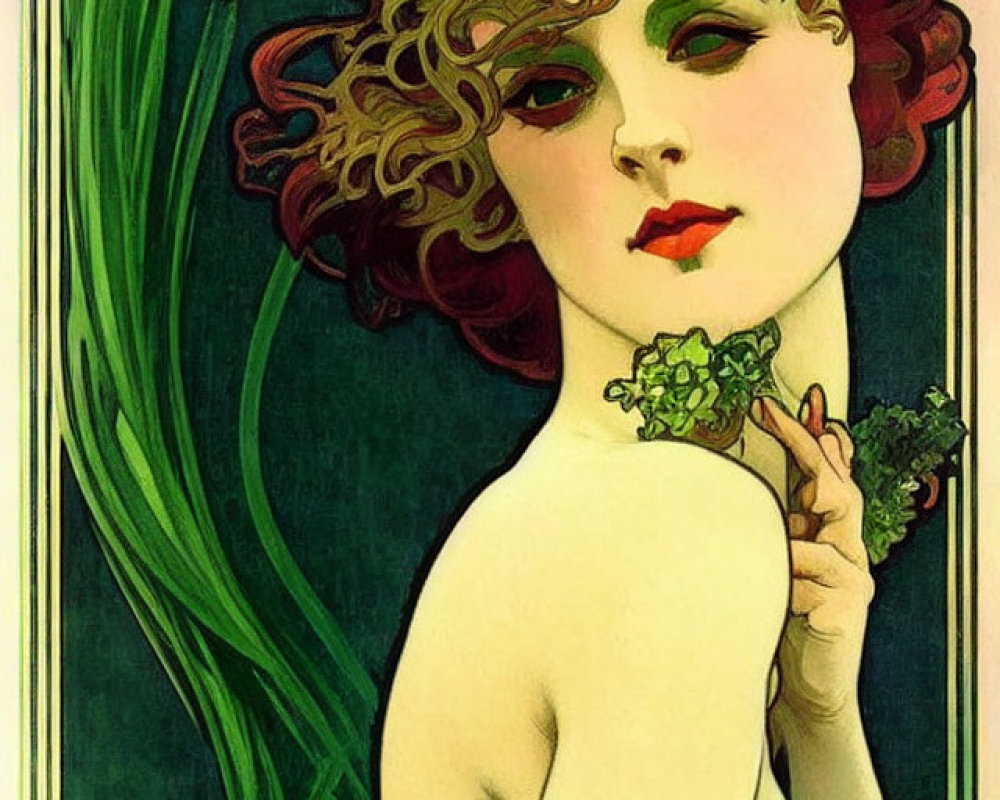 Art Nouveau Style Woman Illustration with Curly Hair and Green Dress