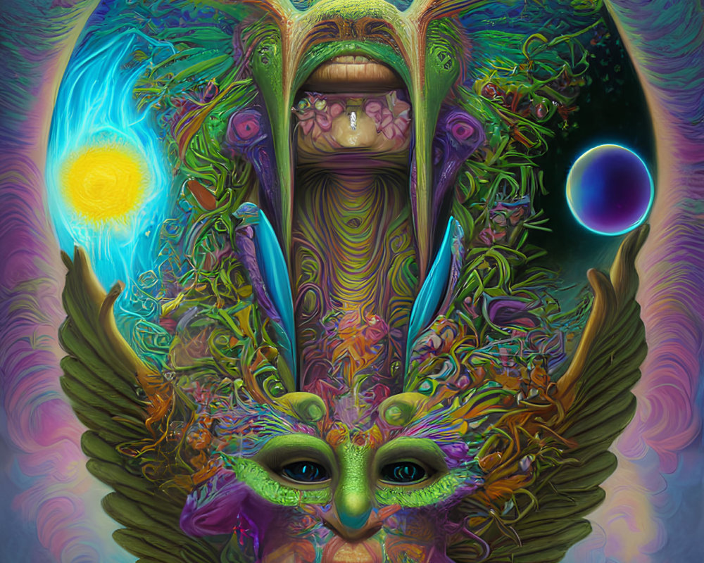 Colorful Psychedelic Image with Fantastical Creatures and Cosmic Background
