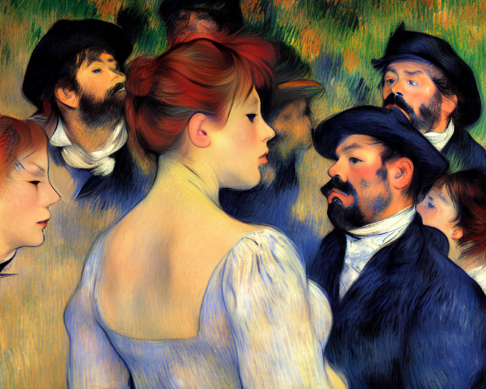 Colorful Impressionist painting of red-haired woman surrounded by men in hats