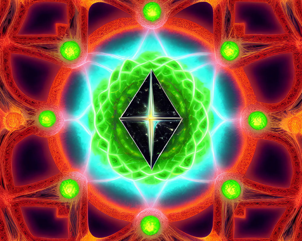Colorful fractal art with central diamond symbol and glowing orbs.