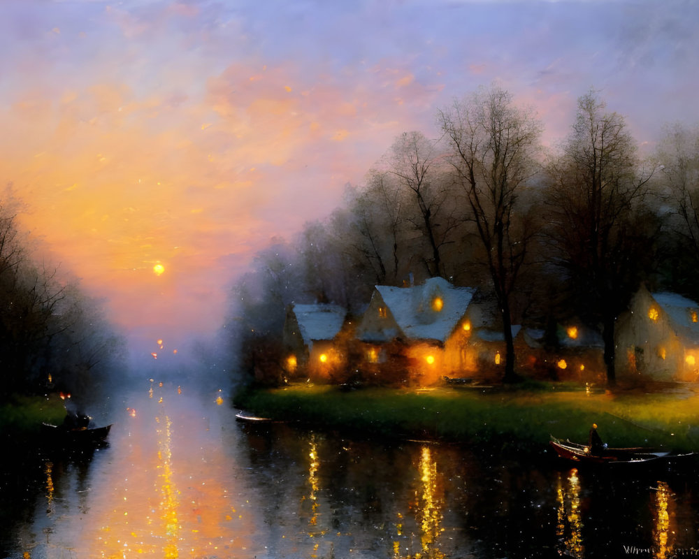 Twilight river scene with glowing cottages and boats at sunset