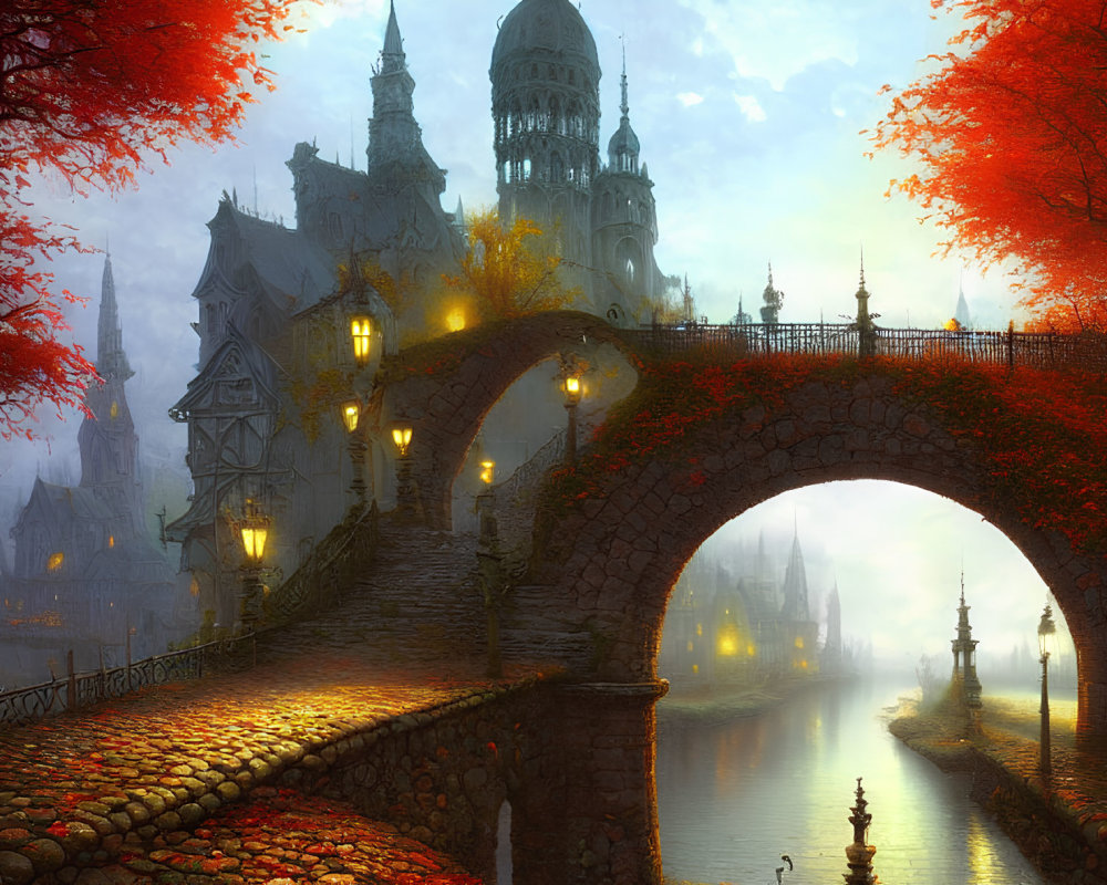 Fantasy scene: Stone bridge, glowing lanterns, calm river, enchanting castle, autumnal
