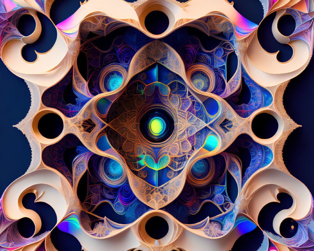 Symmetrical blue and orange fractal design on dark background with abstract shapes