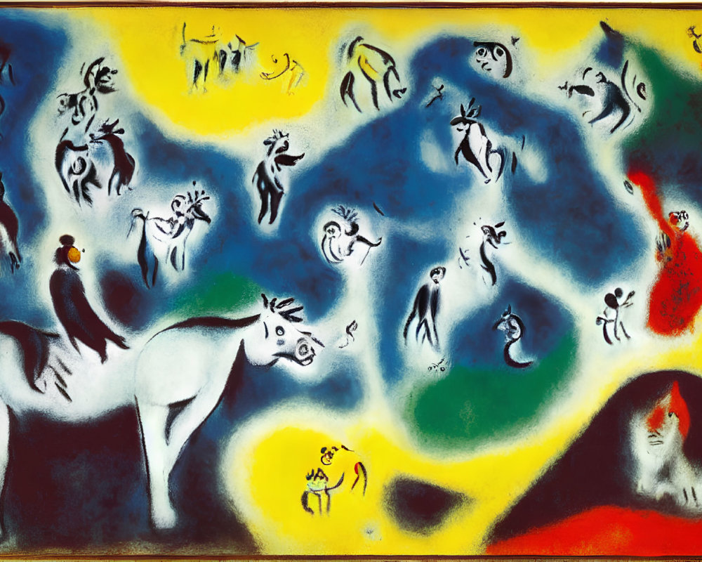 Vibrant Abstract Painting with Human and Animal Figures in Blue, Yellow, and Red