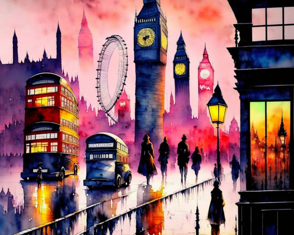 Vibrant watercolor of London landmarks and cityscape