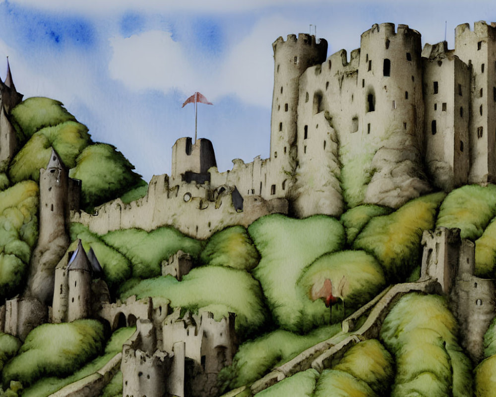 Medieval castle complex watercolor painting on green hills with towers and red flag