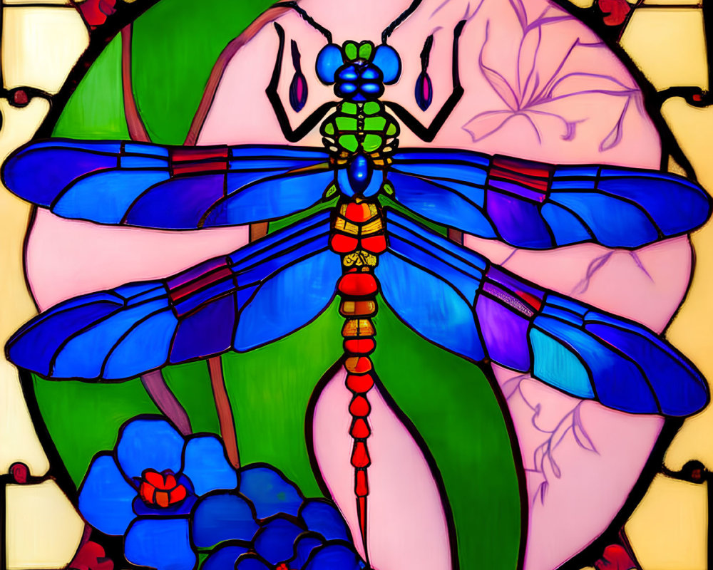 Vibrant blue dragonfly stained glass artwork on pink backdrop