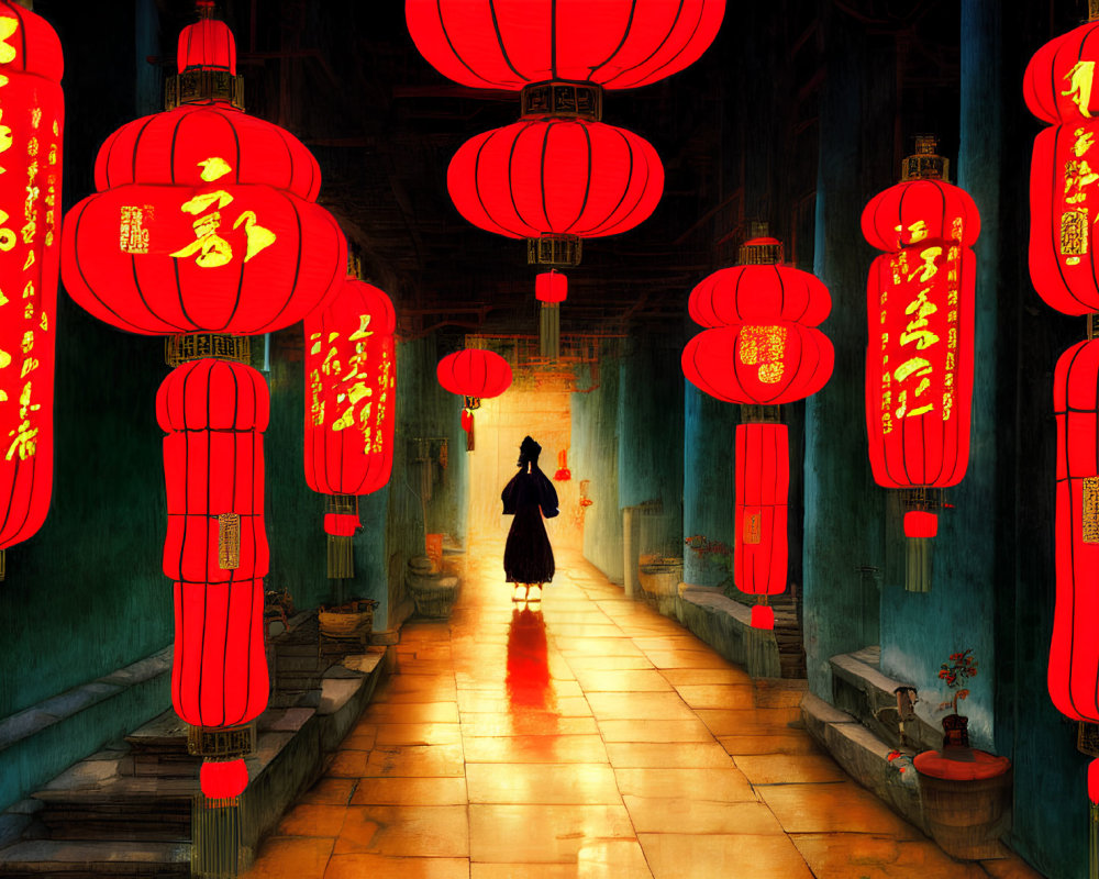 Silhouette of person in red-lantern-adorned Asian corridor
