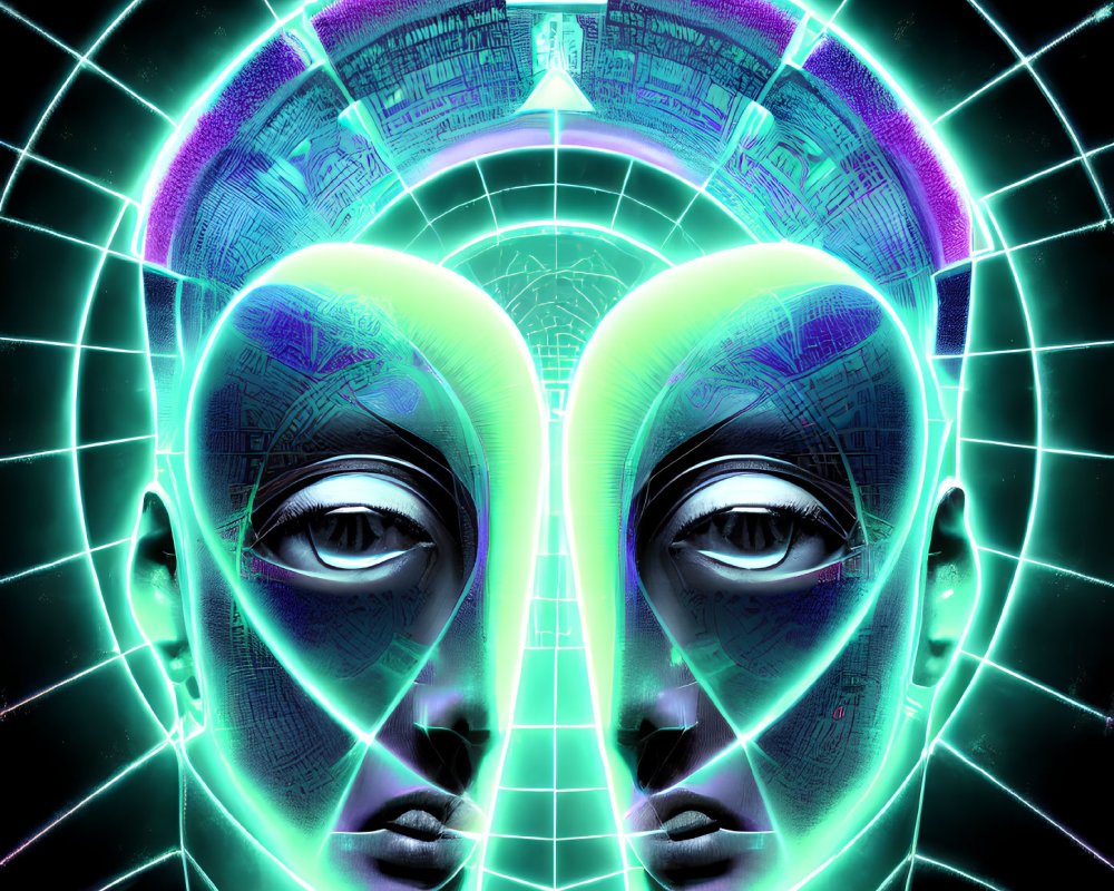 Symmetrical futuristic face with glowing neon lines in digital artwork