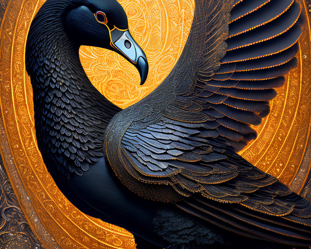 Detailed illustration of majestic black bird with golden beak and halo.