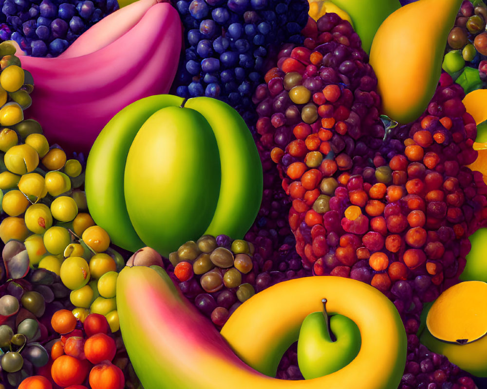 Vibrant still life painting of assorted fruits on dark table