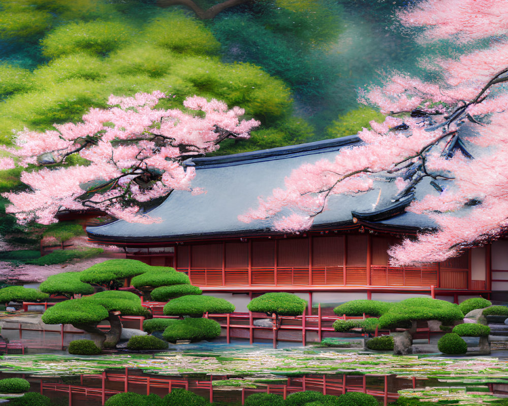 Japanese Architecture: Curved Roof, Cherry Blossoms, Greenery