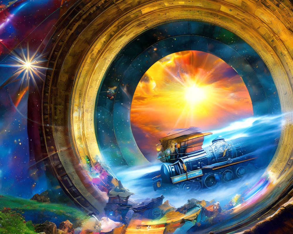 Steampunk portal transports train between earthly and cosmic realms