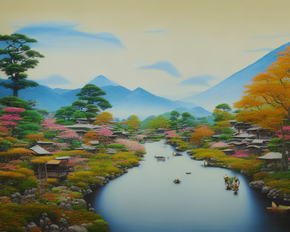 Tranquil village landscape with river, mountains, and colorful trees