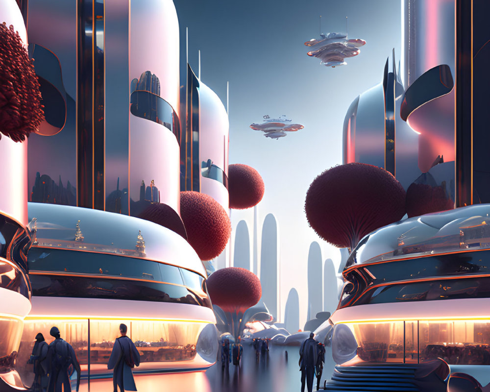 Futuristic cityscape with towering buildings, glowing lights, red trees, flying vehicles