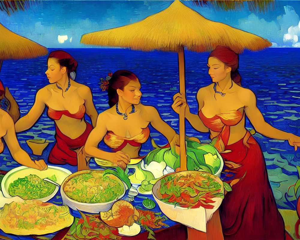 Four women in traditional attire serving food by the sea