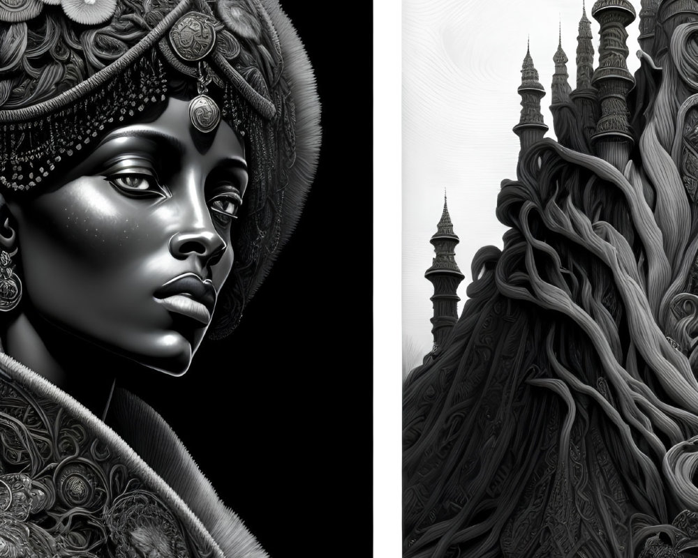 Detailed monochrome artwork: Woman with ornate headwear & intricate towers in flowing patterns