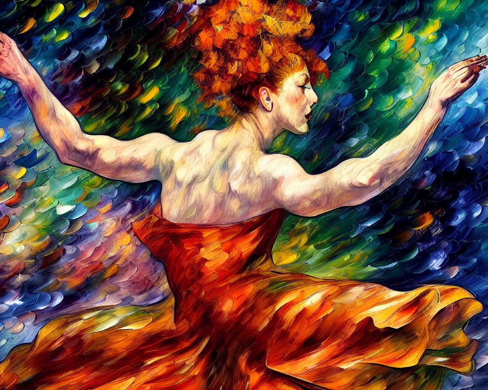 Colorful Impressionist Painting of Woman with Red Hair in Orange Dress