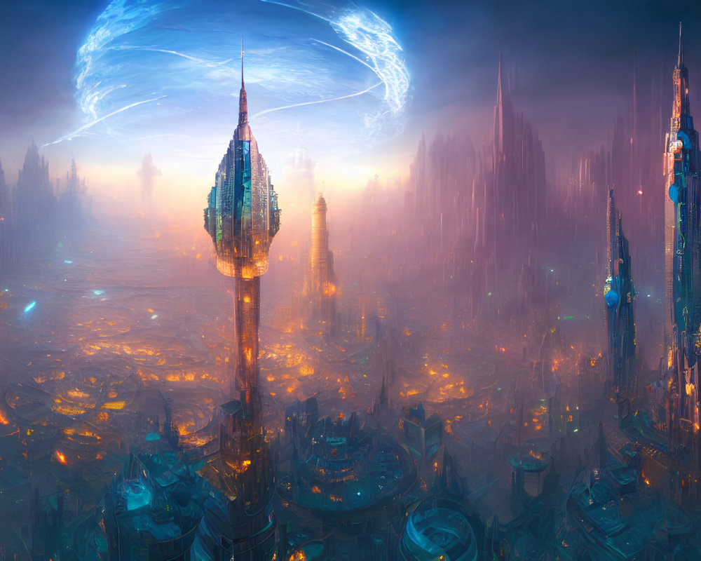 Futuristic cityscape with towering skyscrapers and cosmic energy field in hazy atmosphere
