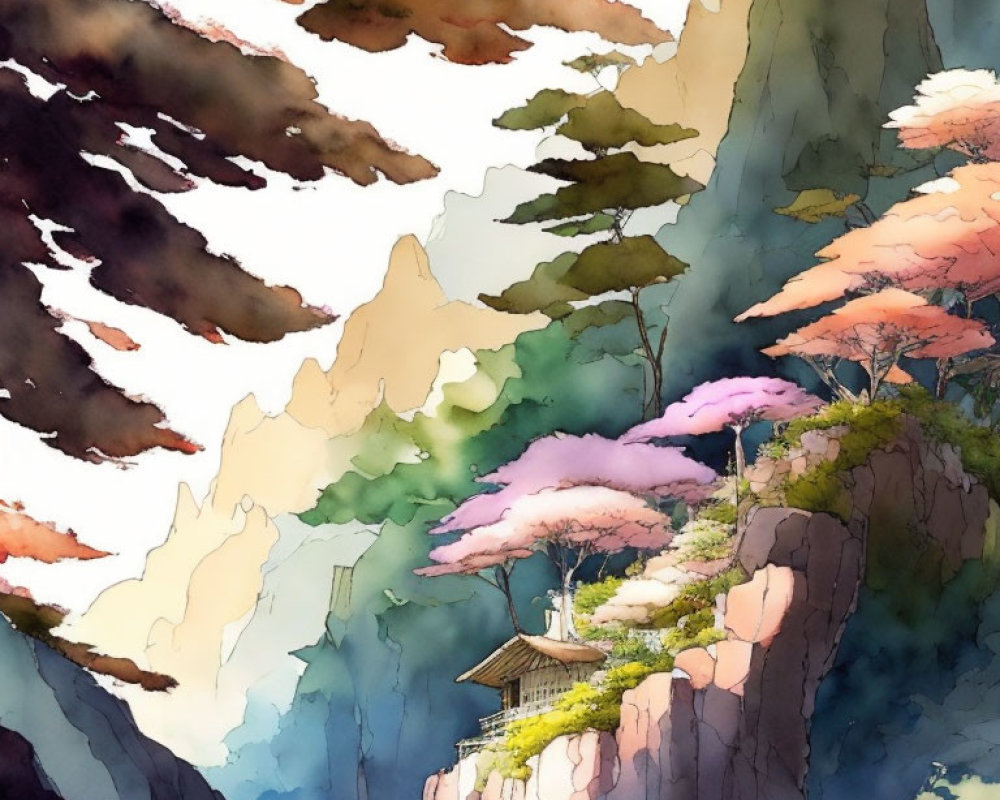 Illustration of traditional house on cliff with pink trees and colorful mountains under cloudy sky