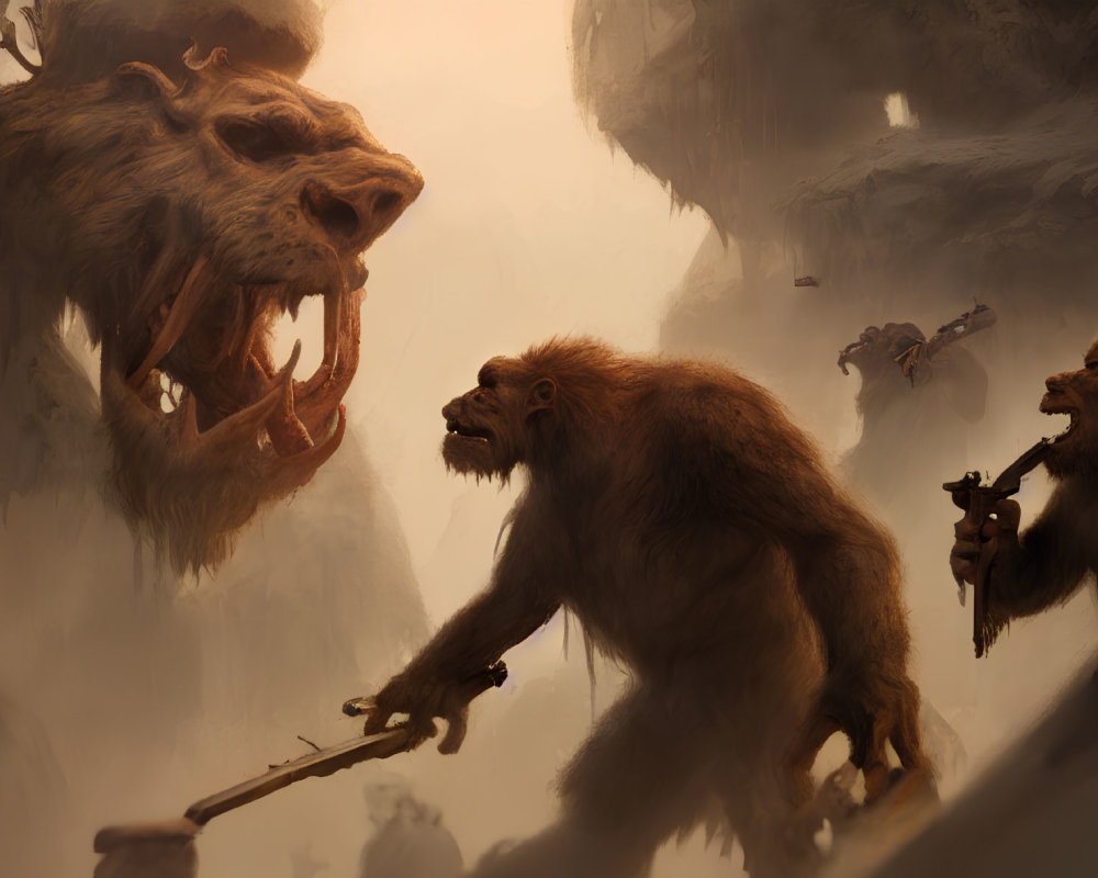 Fantasy scene with humanoid beasts, giant lion, in misty landscape