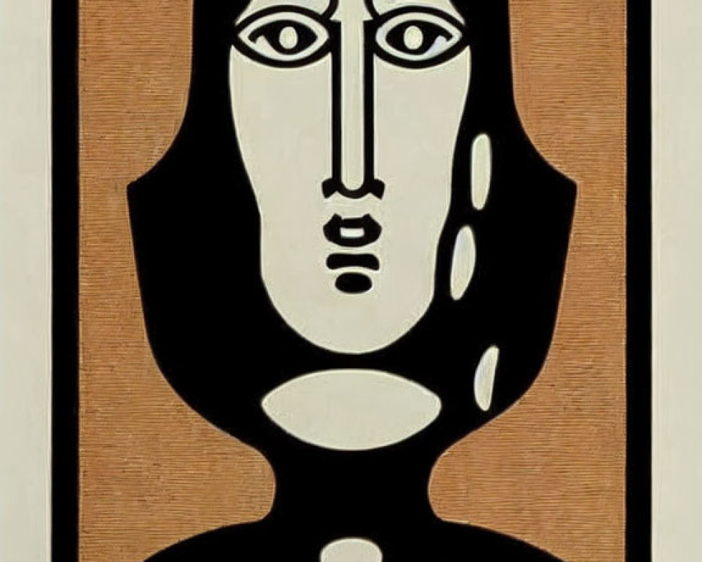 Abstract painting: Stylized face with bold features in black lines on beige background.