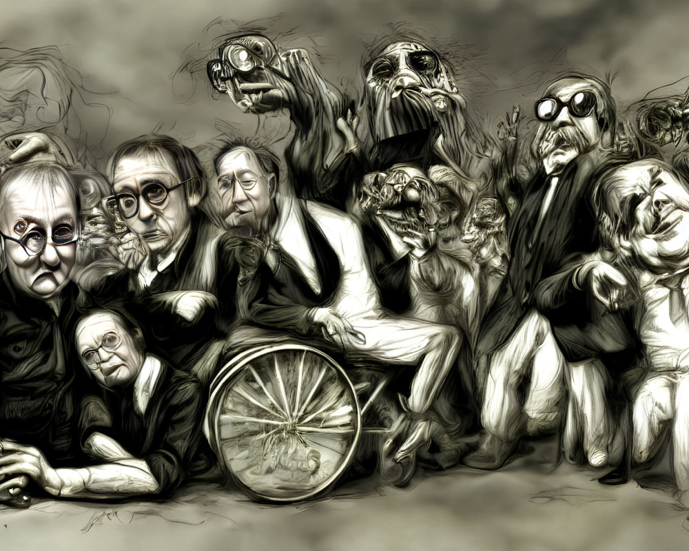 Caricatured Figures in Suits and Glasses Posing Dramatically