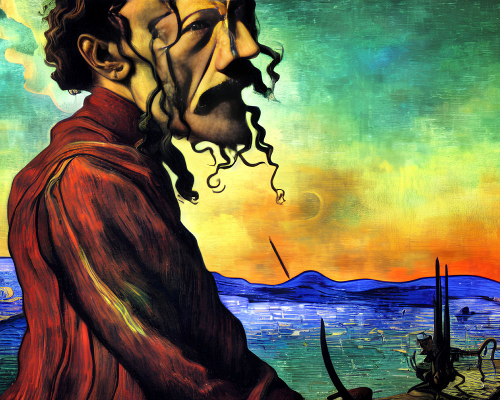 Surrealistic portrait blending bearded man's profile with seascape