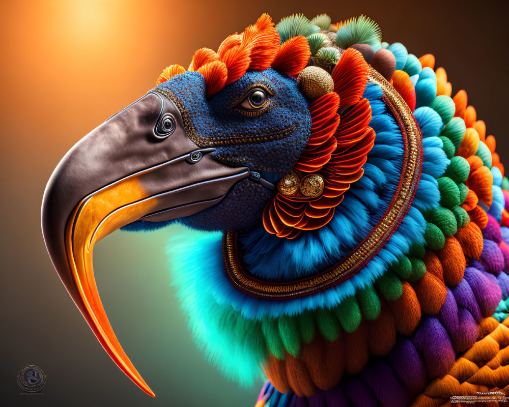 Colorful bird illustration with blue, orange, purple plumage and golden beak