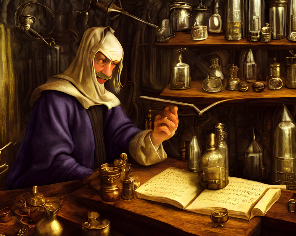 Alchemist in robe and beaked mask in candle-lit workshop