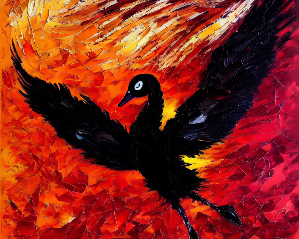 Colorful Abstract Painting: Black Bird in Flight with Red and Orange Textured Background