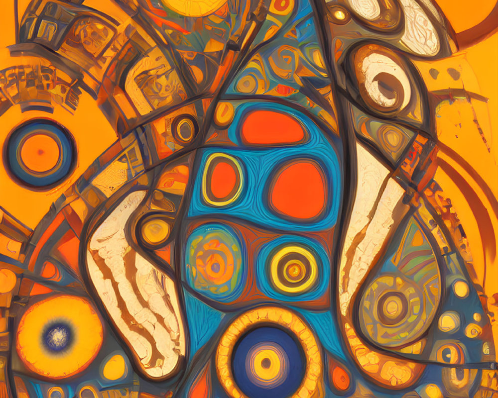 Vibrant Orange and Blue Abstract Art with Circular and Mechanical Elements
