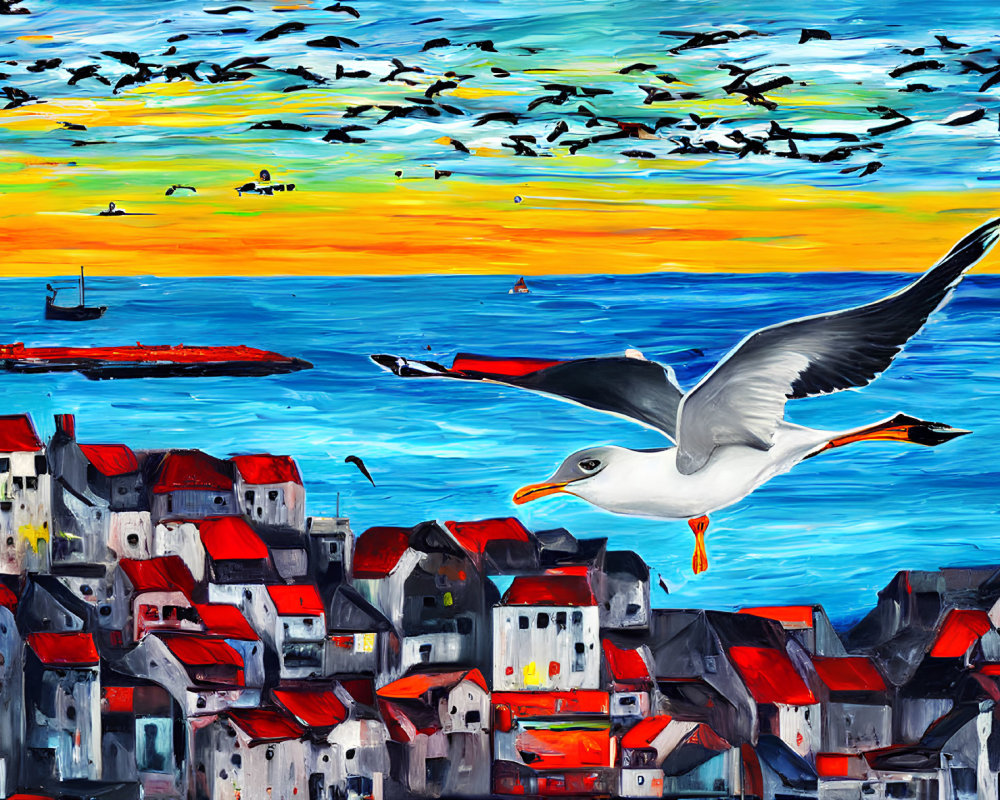 Colorful seaside town painting at sunset with flying seagull and boats in water