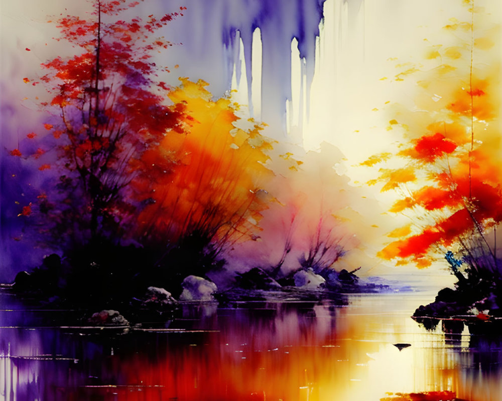 Vibrant Watercolor Landscape of Autumnal Trees Reflected on Lake