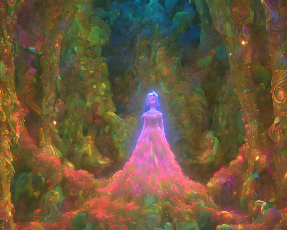 Luminous figure in vibrant neon forest with intricate patterns