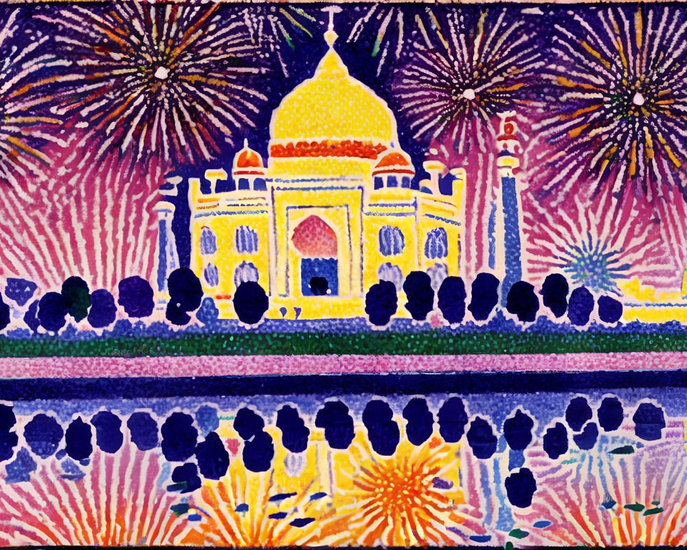Vibrant Taj Mahal painting with fireworks reflection